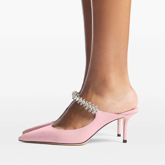 Jimmy Choo Bing 65 Mules Pink Lizard Crystal Embellished Pointed Toe Sz 37 - Picture 2 of 13